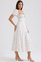 white posy print cotton puff sleeve midi sundress