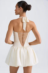 Halterneck Lace-Up Bubble Hem Corset Micro Mini Dress In Ivory