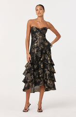 Marysia Strapless Metallic Floral Midi Dress