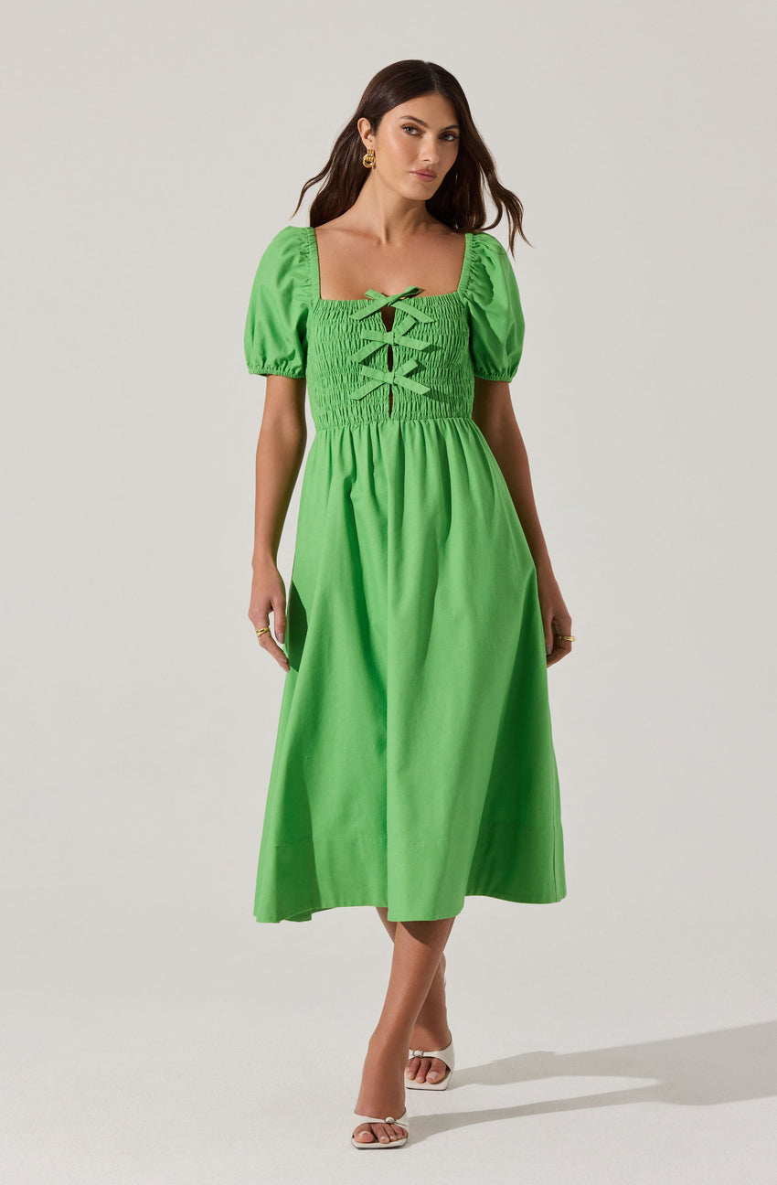 Smocked Bow Midi Dress