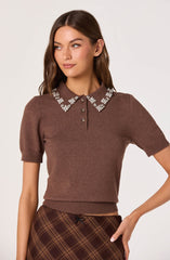 Embellished Collar Short Sleeve Sweater