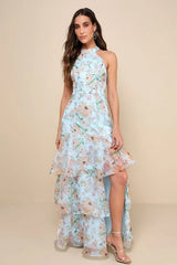 Forever Exceptional Light Blue Floral Halter Organza Maxi Dress