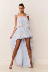 Jolina Silk Chiffon Lace High-Low Skirt