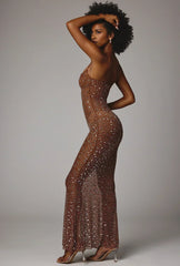 Sheer Embellished Scoop Neck Evening Gown in Mocha