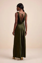 Aernah Olive Satin Cowl Tie-Back Slip Maxi Dress