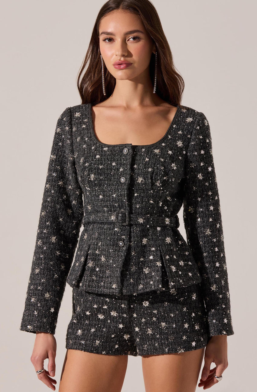 Carolyn Embellished Pleated Belted Blazer