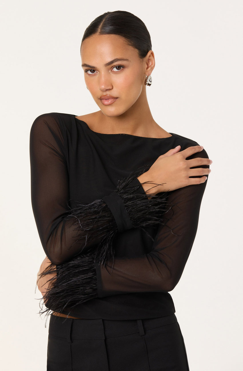 Brisa Mesh Feather Trim Top