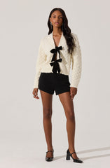 Contrasting Bow Tie Textured Cardigan