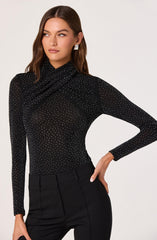 Embellished Crossover Mock Neck Top