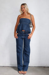 Zara Mid Rise Straight Leg Jeans Dark Blue
